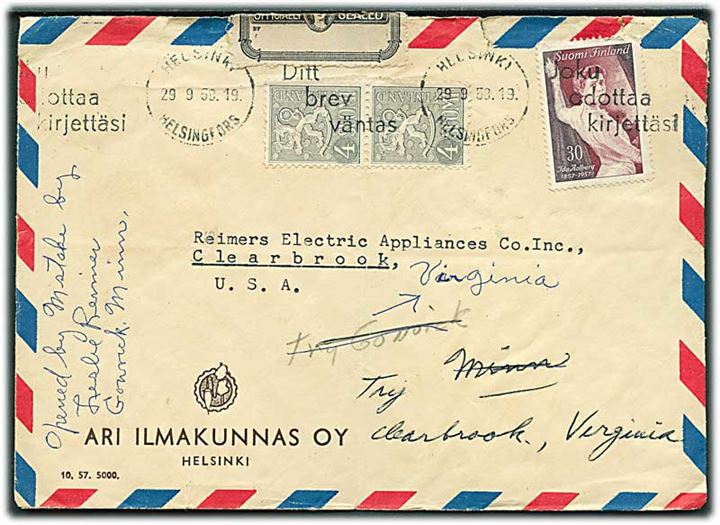 30 mk. Aalberg og 4 mk. Løve (par) på luftpostbrev fra Helsinki d. 29.9.1959 til Clearbrook, USA. Fejlagtigt åbnet og forseglet med Officially Sealed mærkat.