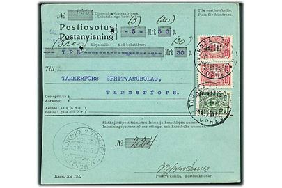5 pen. og 10 pen (par) Våben på indenrigs postanvisning annulleret med 3-sproget stempel i Torneå d. 16.4.1916 til Tammerfors.