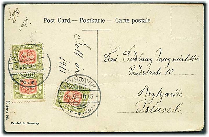1 aur To Konger (3) på lokalt brevkort i Reykjavik d. 31.12.1910.