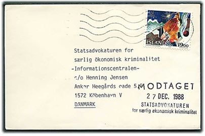 1900 kr. Jul 1988 udg. på brev fra Reykjavik til Statsadvokaturen for særlig økonomisk kriminalitet, København. Ank.stemplet d. 27.12.1988.