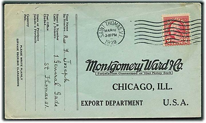 Amerikansk 2 cents Washington på brev stemplet Saint Thomas V.I. d. 19.3.1929 til Chicago, USA.