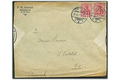 10 pfg. Germania (2) på brev fra Schottburg d. 27.4.1917 til V. Vedsted pr. Ribe, Danmark. Åbnet af tysk censur i Flensburg.