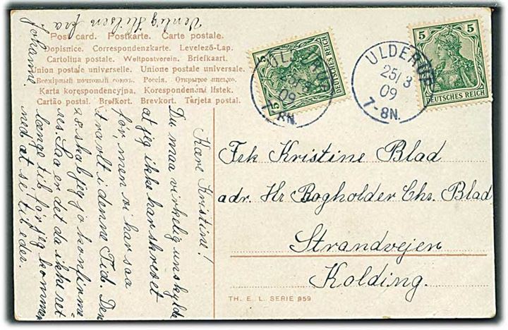 5 pfg. Germania (2) på brevkort stemplet Ulderup d. 25.3.1909 til Kolding, Danmark.