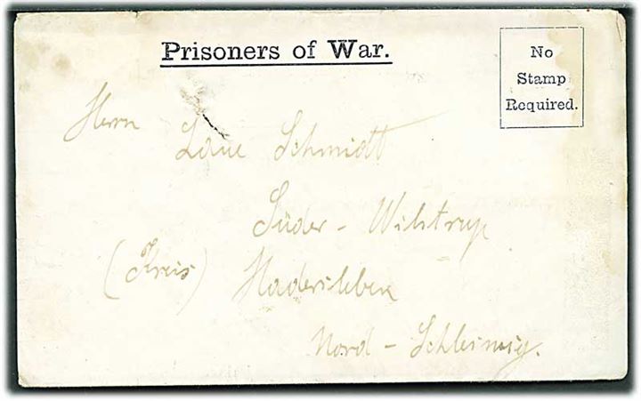 Ufrankeret krigsfangefoldebrev dateret d. 4.11.1918 fra sønderjysk krigsfange i særlejren Feltham, England til Süder-Wilstrup i Nordslesvig. Åbnet af britisk krigsfangecensur.