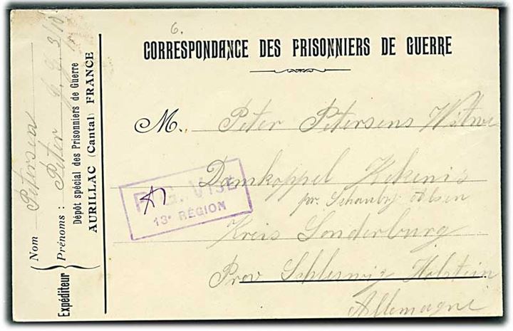 Ufrankeret fortrykt fransk krigsfangebrevkort fra sønderjyde i særlejren Aurillac d. 10.2.1918 til Skovby Als, Nordslesvig. Fransk censur.