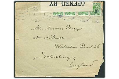 5 øre Chr. X (4) på brev fra Kjøbenhavn d. 19.1.1917 til Salisbury, England. Åbnet af britisk censur no. 4675. Kuvert revet i højre hjørne.