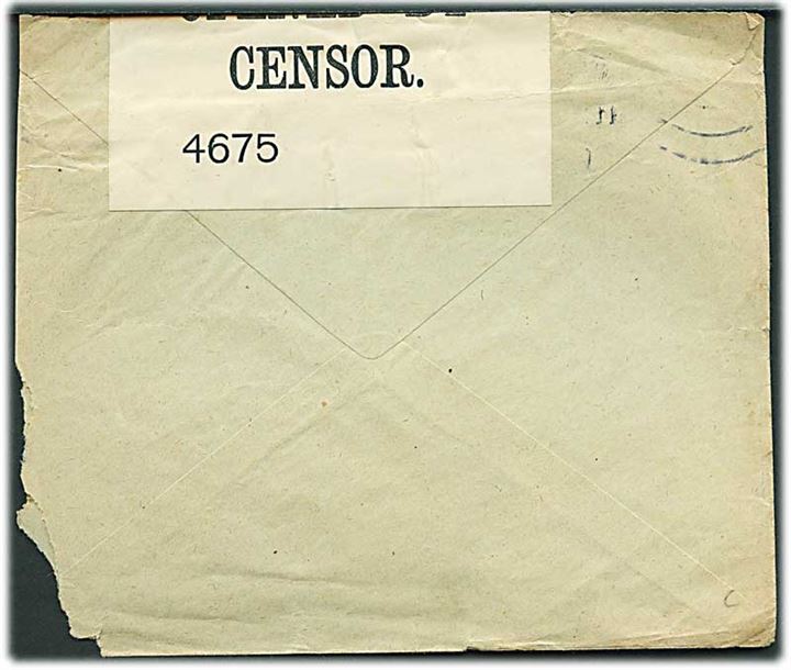 5 øre Chr. X (4) på brev fra Kjøbenhavn d. 19.1.1917 til Salisbury, England. Åbnet af britisk censur no. 4675. Kuvert revet i højre hjørne.