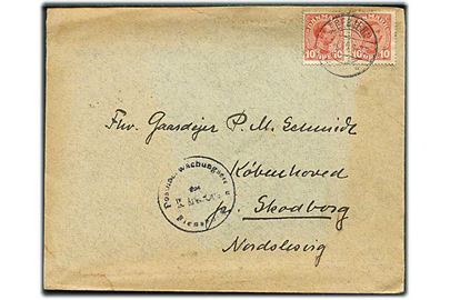 10 øre Chr. X i parstykke på brev fra Egebjerg d. 27.4.1916 til Københoved pr. Skodborg, Nordslesvig. Tysk censur fra Flensburg. Skjolder.