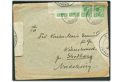 5 øre Chr. X (4) på brev fra Nykjøbing Falster d. 22.7.1917 til Københoved pr. Skodborg, Nordslesvig. Åbnet af tysk censur i Flensburg.