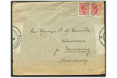 10 øre Chr. X i parstykke på brev fra Egebjerg d. 12.2.1917 til Københoved pr. Skodborg, Nordslesvig. Åbnet af tysk censur i Flensburg. 1 mærke med rift.