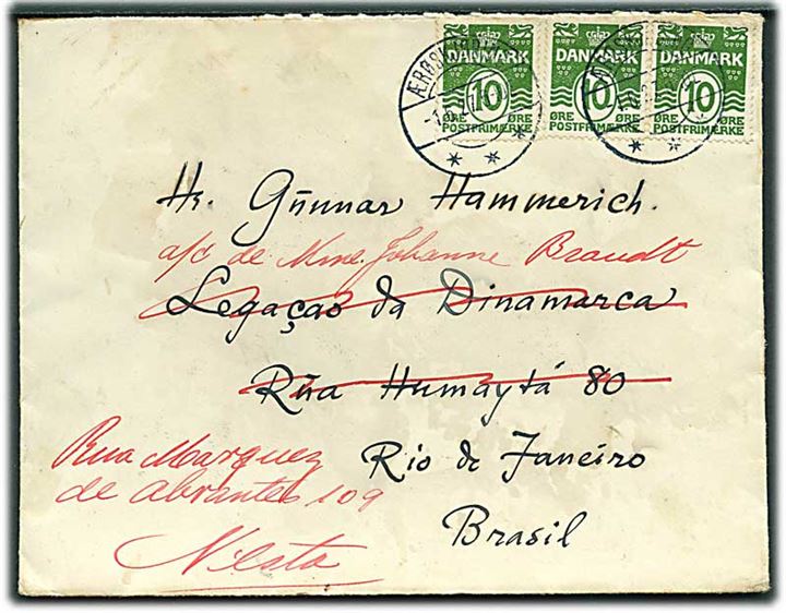 10 øre Bølgelinie (3) på brev fra Ærøskjøbing d. 1.6.1927 til Rio de Janeiro, Brasilien - eftersendt. Skjolder.
