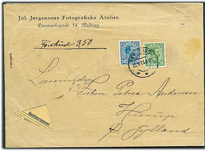 5 øre og 20 øre Chr. X på brev med opkrævning fra Aalborg d. 10.9.1914 til Hurup Østjylland.