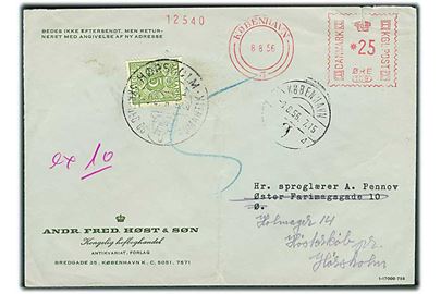 25 øre firmafranko på lokalbrev i København d. 8.8.1956 eftersendt til Hørsholm og udtakseret i enkeltporto med 5 øre Portomærke stemplet Hørsholm d. 1x.8.1956.