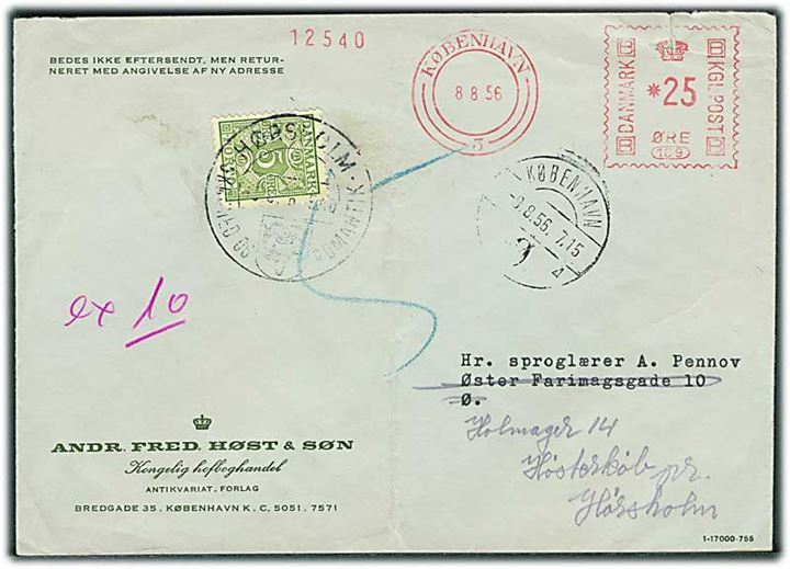 25 øre firmafranko på lokalbrev i København d. 8.8.1956 eftersendt til Hørsholm og udtakseret i enkeltporto med 5 øre Portomærke stemplet Hørsholm d. 1x.8.1956.