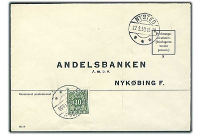 Ufrankeret svarkuvert fra Nysted d. 27.2.1960 til Nykøbing F. Udtakseret i enkeltporto med 30 øre Portomærke stemplet Nykøbing Fl.