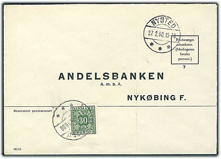 Ufrankeret svarkuvert fra Nysted d. 27.2.1960 til Nykøbing F. Udtakseret i enkeltporto med 30 øre Portomærke stemplet Nykøbing Fl.