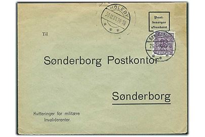 Ufrankeret svarkuvert fra Holeby d. 30.12.1939 til Sønderborg Postkontor mærket Kvittering for militære Invaliderente. Udtakseret i enkeltporto med 15 øre Portomærke stemplet Sønderborg d. 26.1.1940.