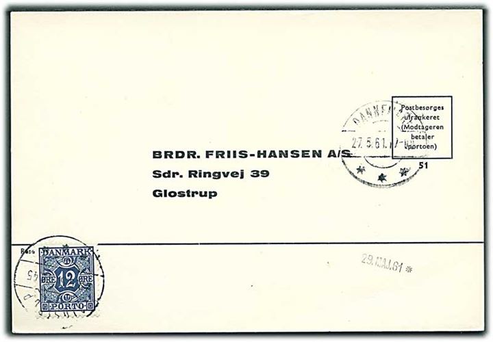 Ufrankeret svar-brevkort fra Dannemare d. 27.5.1961 til Glostrup. Udtakseret i enkeltporto med 12 øre Portomærke stemplet Glostrup.