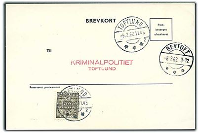 Ufrankeret svar-brevkort fra Bevtoft d. 8.2.1962 til Toftlund. Udtakseret i enkeltporto med 20 øre Portomærke stemplet Toftlund.