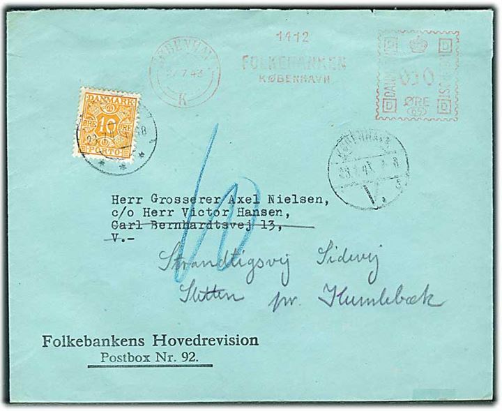 10 øre firmafranko på lokalbrev i København d. 27.7.1943 - eftersendt til Humlebæk og udtakseret i enkeltporto med 10 øre Portomærke stemplet Humlebæk.