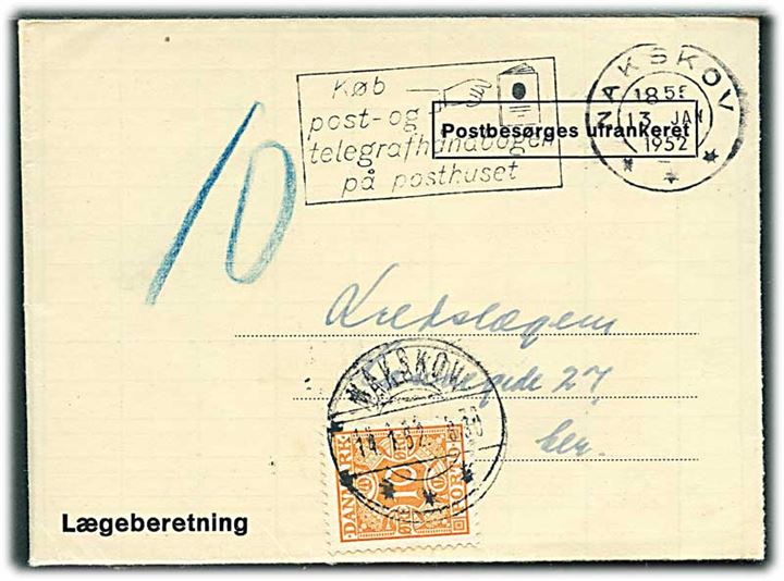 Ufrankeret Lægeindberetning sendt lokalt i Nakskov d. 13.1.1952. Udtakseret i enkeltporto med 10 øre Portomærke stemplet Nakskov.