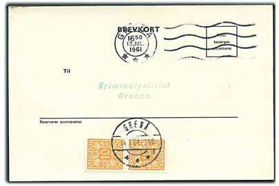 Ufrankeret svar-brevkort sendt lokalt i Grenå d. 13.7.1961. Udtakseret i enkeltporto med 10 øre Portomærke i parstykke stemplet Grenå d. 14.7.1961.