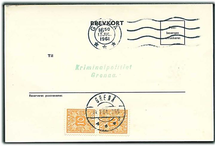 Ufrankeret svar-brevkort sendt lokalt i Grenå d. 13.7.1961. Udtakseret i enkeltporto med 10 øre Portomærke i parstykke stemplet Grenå d. 14.7.1961.
