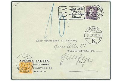 10 øre Chr. X på lokalbrev i København d. 24.7.1945 - eftersendt til Gilleleje og udtakseret i enkeltporto med 10 øre Portomærke stemplet Gilleleje.