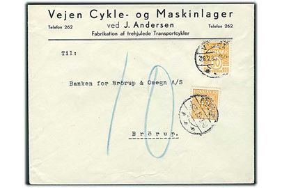 10 øre Bølgelinie på underfrankeret brev fra Vejen d. 28.2.1935 til Brørup. Udtakseret i porto med 10 øre Portomærke stemplet Brørup.