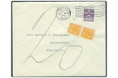 10 øre Bølgelinie på underfrankeret brev fra København d. 18.7.1941 til Nykøbing F. Udtakseret i porto med 10 øre Portomærke i parstykke (ustemplet).
