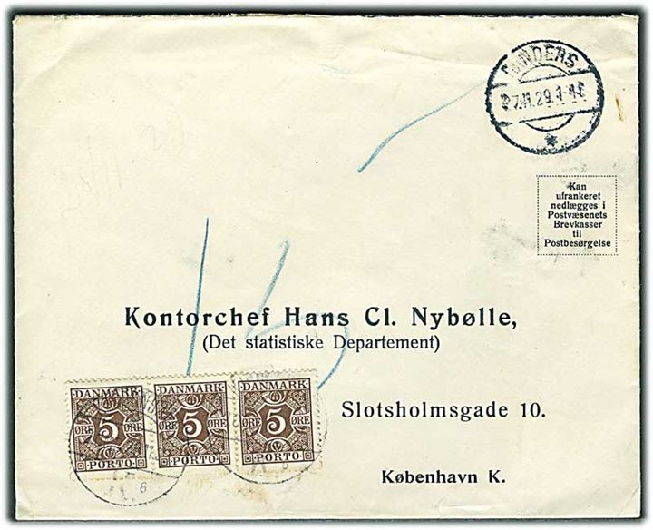 Ufrankeret svarkuvert fra Randers d. 27.11.1929 til København. Udtakseret i enkeltporto med 5 øre Portomærke i 3-stribe stemplet København.