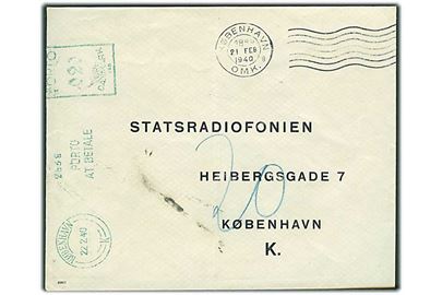 Ufrankeret lokalbrev i København d. 21.2.1940. 20 øre grønt porto-maskinstempel fra København K. d. 22.2.1940.