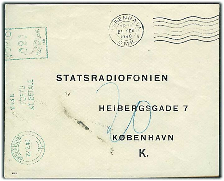 Ufrankeret lokalbrev i København d. 21.2.1940. 20 øre grønt porto-maskinstempel fra København K. d. 22.2.1940.