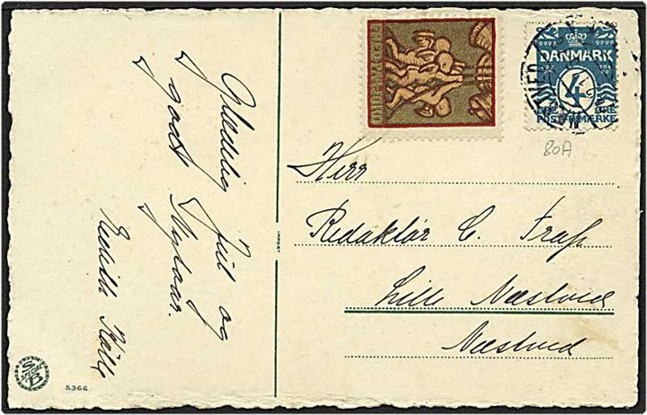 4 øre blå bølgelinie på lokalt postkort fra Næstved d. 24.12.1917.