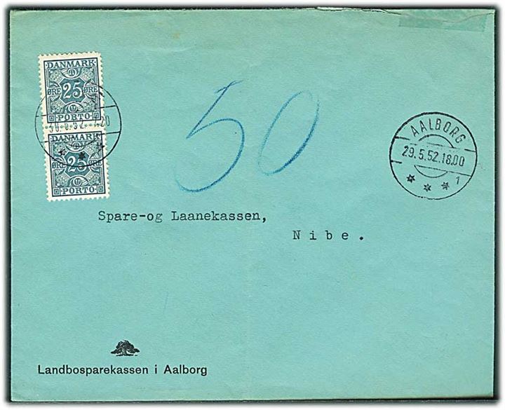 Ufrankeret brev fra Aalborg d. 29.5.1952 til Nibe. Udtakseret i porto med 25 øre Portomærke i parstykke stemplet Nibe.