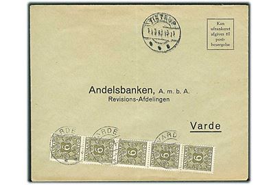 Ufrankeret svar-kuvert fra Tistrup d. 11.7.1952 til Varde. Udtakseret i enkeltporto med 6 øre Portomærke i 5-stribe stemplet Varde.