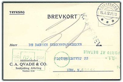 Ufrankeret tryksags-brevkort fra Sakskøbing d. 15.1.1952 til København. Liniestempel Kassebrev og 20 øre grønt porto-maskinstempel.