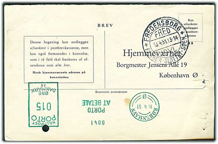 Ufrankeret begæring om optagelse i Hjemmeværnet fra Fredensborg d. 13.4.1951 til København. 15 øre grøn porto-maskinstempel. Arkivhuller.