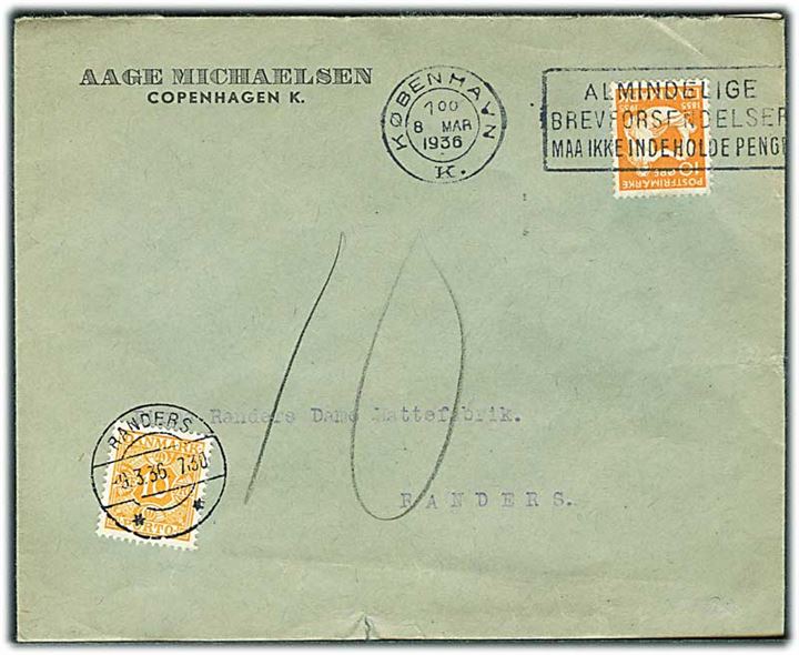 10 øre H.C.Andersen på underfrankeret brev fra København d. 8.3.1936 til Randers. Udtakseret i porto med 10 øre Portomærke stemplet Randers.