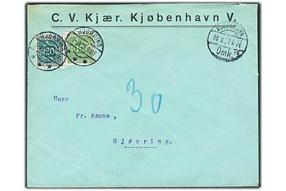 Ufrankeret brev fra København d. 30.9.1927 til Hjørring. Udtakseret i porto med 10 øre og 20 øre Portomærke stemplet Hjørring.