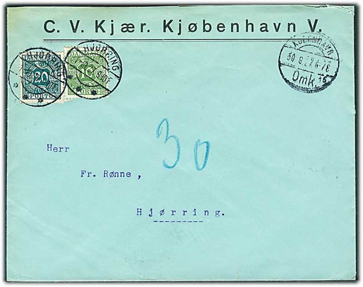 Ufrankeret brev fra København d. 30.9.1927 til Hjørring. Udtakseret i porto med 10 øre og 20 øre Portomærke stemplet Hjørring.