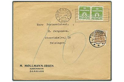 5 øre Bølgelinie i parstykke på underfrankeret brev fra København d. 24.4.1934 til Helsingør. Udtakseret i porto med 10 øre Portomærke stemplet Helsingør.