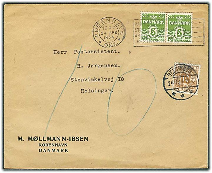 5 øre Bølgelinie i parstykke på underfrankeret brev fra København d. 24.4.1934 til Helsingør. Udtakseret i porto med 10 øre Portomærke stemplet Helsingør.
