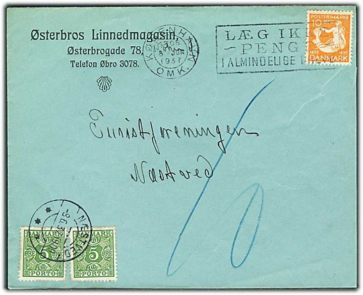 10 øre H.C.Andersen på underfrankeret brev fra København d. 8.6.1937 til Næstved. Udtakseret i porto med 5 øre Portomærke (2) stemplet Næstved.