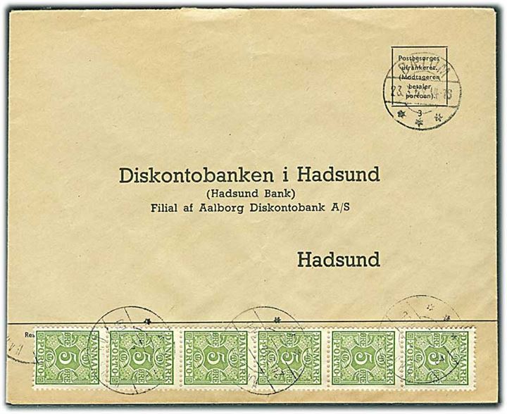 Ufrankeret svarkuvert fra Bælum d. 23.3.1962 til Hadsund. Udtakseret i enkeltporto med 5 øre Portomærke i 6-stribe stemplet Hadsund.