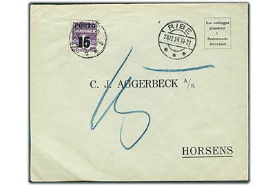 Ufrankeret svar-kuvert fra Ribe d. 28.12.1934 til Horsens. Udtakseret i enkeltporto med 15/12 øre Porto-provisorium stemplet Horsens.