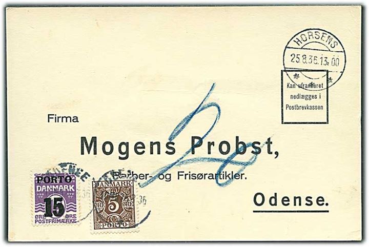 Ufrankeret svarbrevkort fra Horsens d. 25.8.1936 til Odense. Udtakseret i enkeltporto med 5 øre Portomærke og 15/12 øre Porto-provisorium stemplet Odense.
