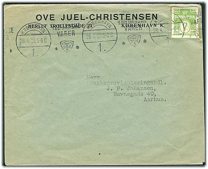 7 øre helsagsafklip som frankering på tryksag fra København d. 28.4.1928 til Aarhus.