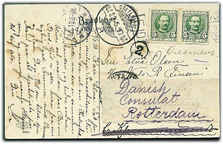 5 øre Fr. VIII i parstykke på brevkort fra Kjøbenhavn d. 30.5.1910 til S/S Niels R. Finsen via St. Petersborg til Kronstadt, Rusland - eftersendt til Rotterdam.