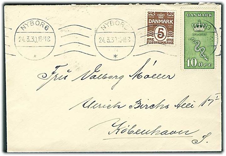 5 øre Bølgelinie og 10+5 øre Kræftmærke på brev fra Nyborg d. 24.3.1930 til København.